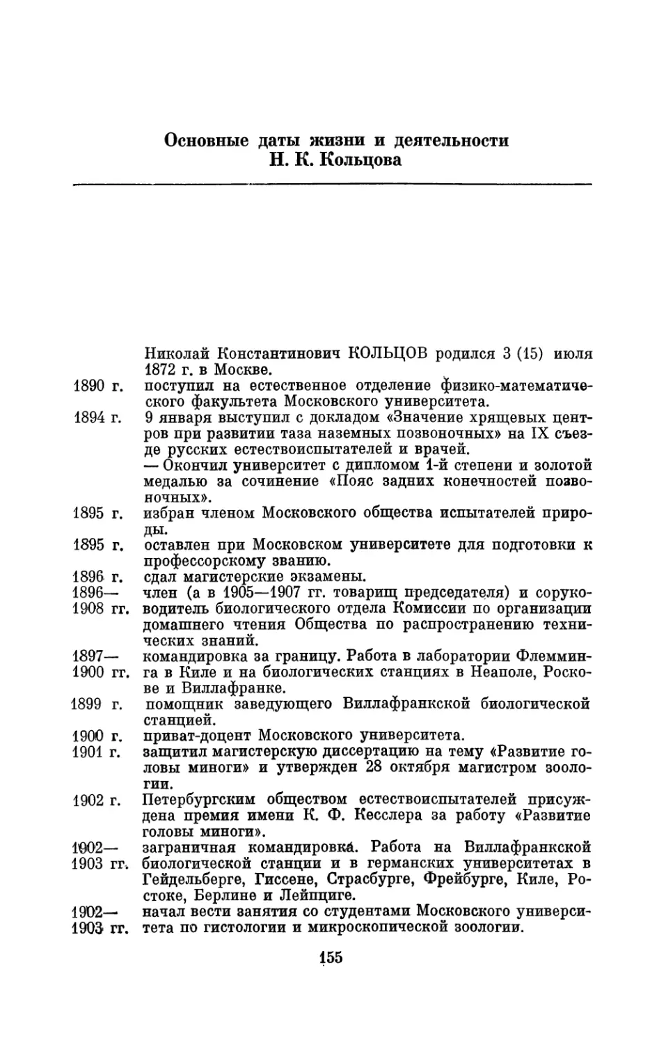 Основные даты жизни и деятельности Н. К. Кольцова