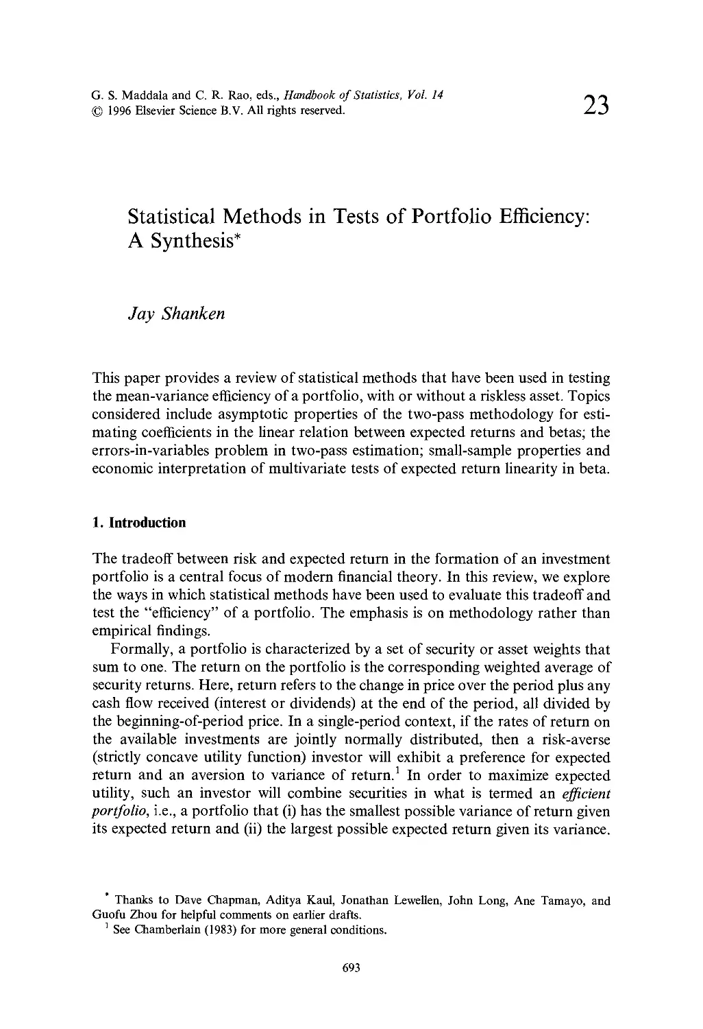 23. Statistical Methods in Tests of Portfolio Efficiency: A Synthesis