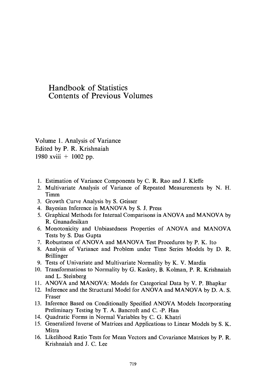Handbook of Statistics: Contents of Previous Volumes