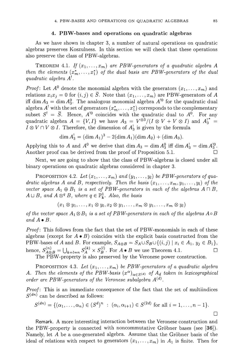 4. PBW-bases and operations on quadratic algebras