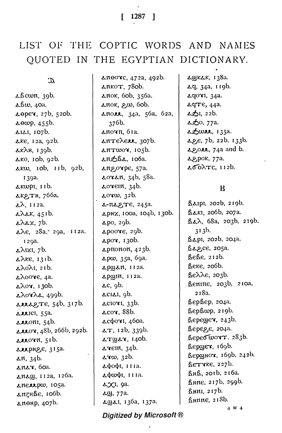 List of Coptic Words quoted in the Dictionary