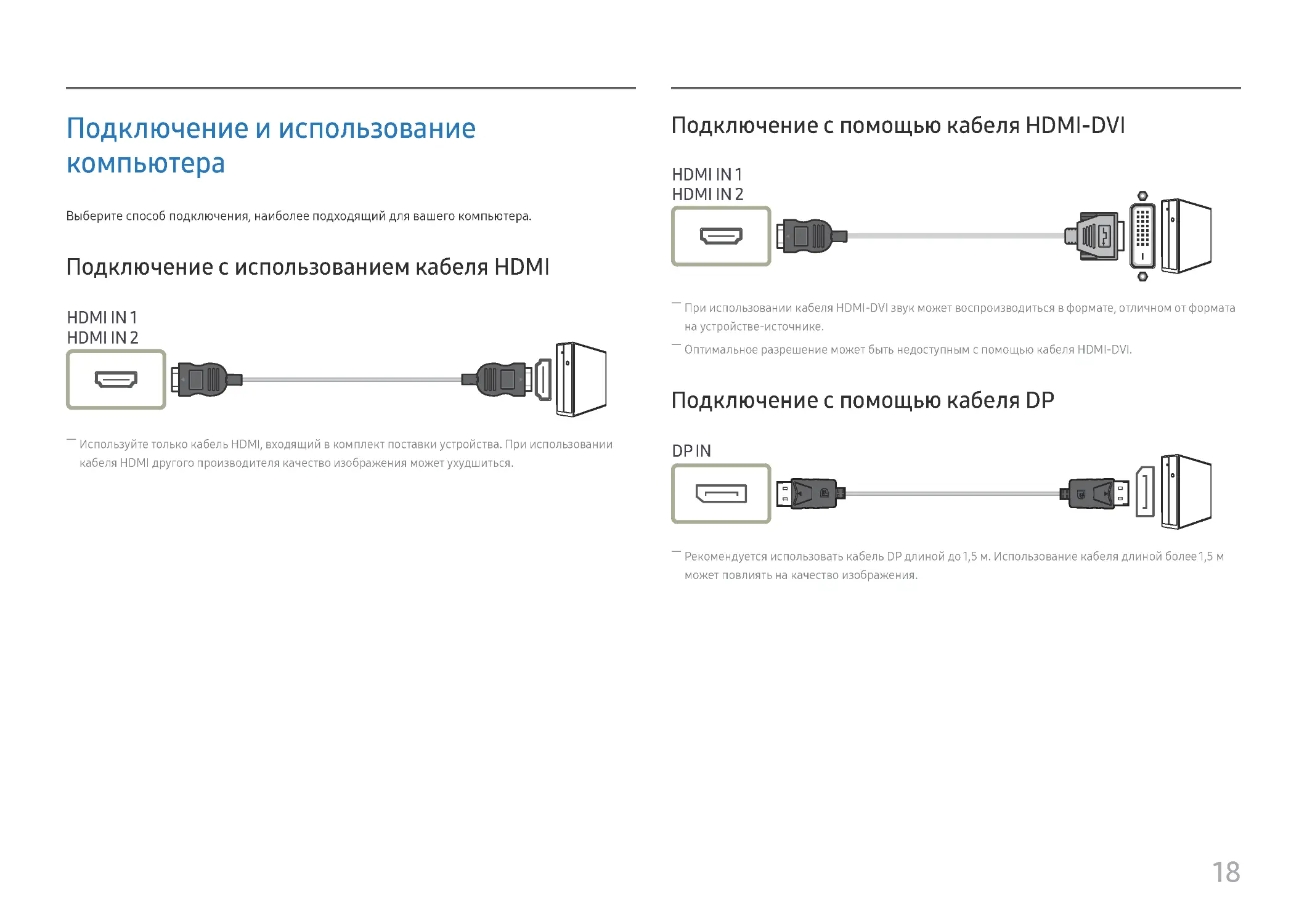 ﻿Подключение и использование компьютер
﻿Подключение с помощью кабеля HDMI-DV
﻿Подключение с помощью кабеля D