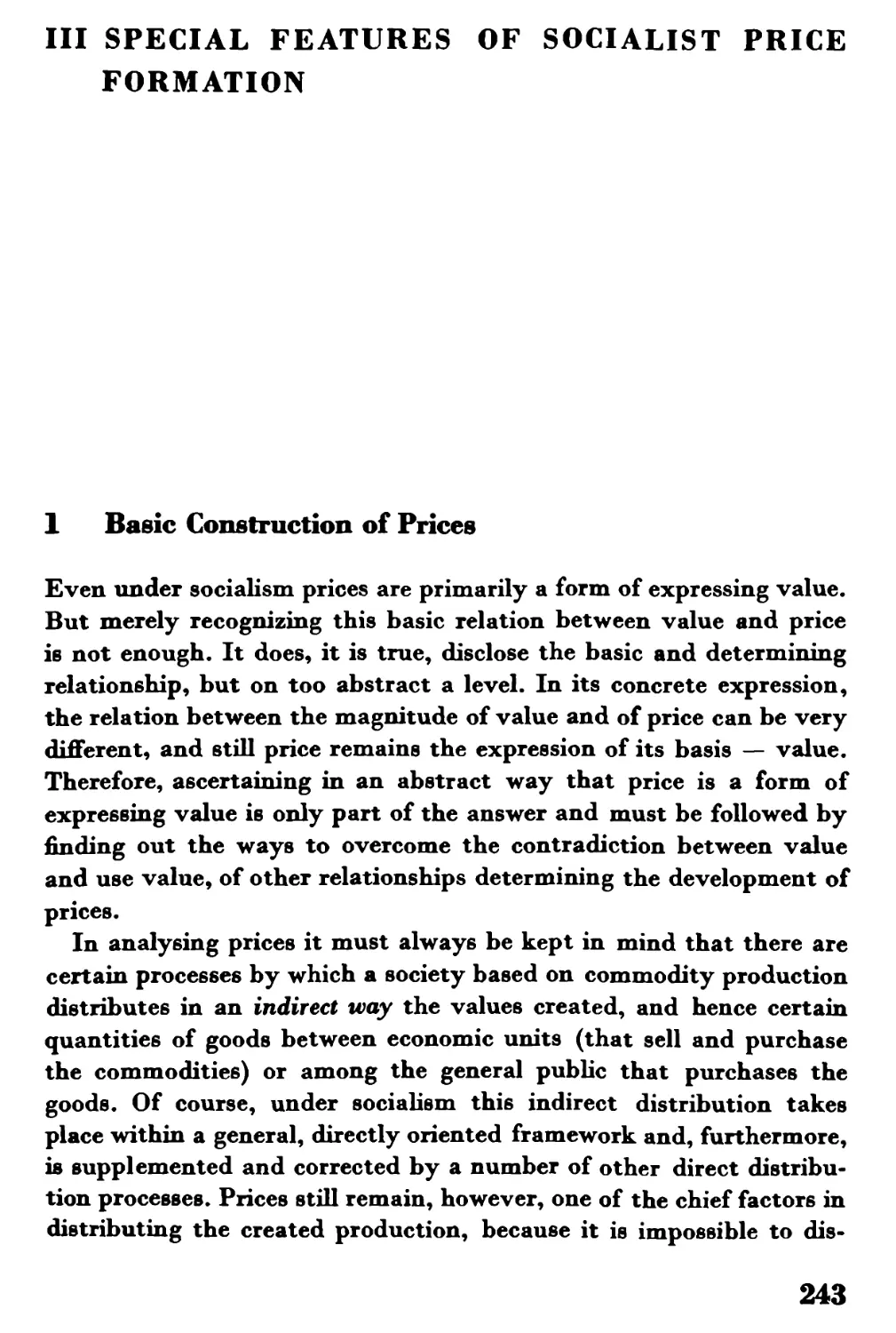 III. Special features of socialist price formation