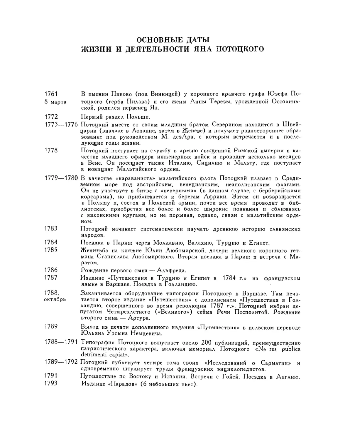 Основные даты жизни и деятельности Яна Потоцкого