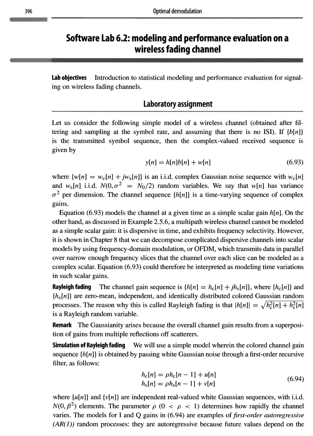 Software Lab 6.2: modeling and performance evaluation on a wireless fading channel 396