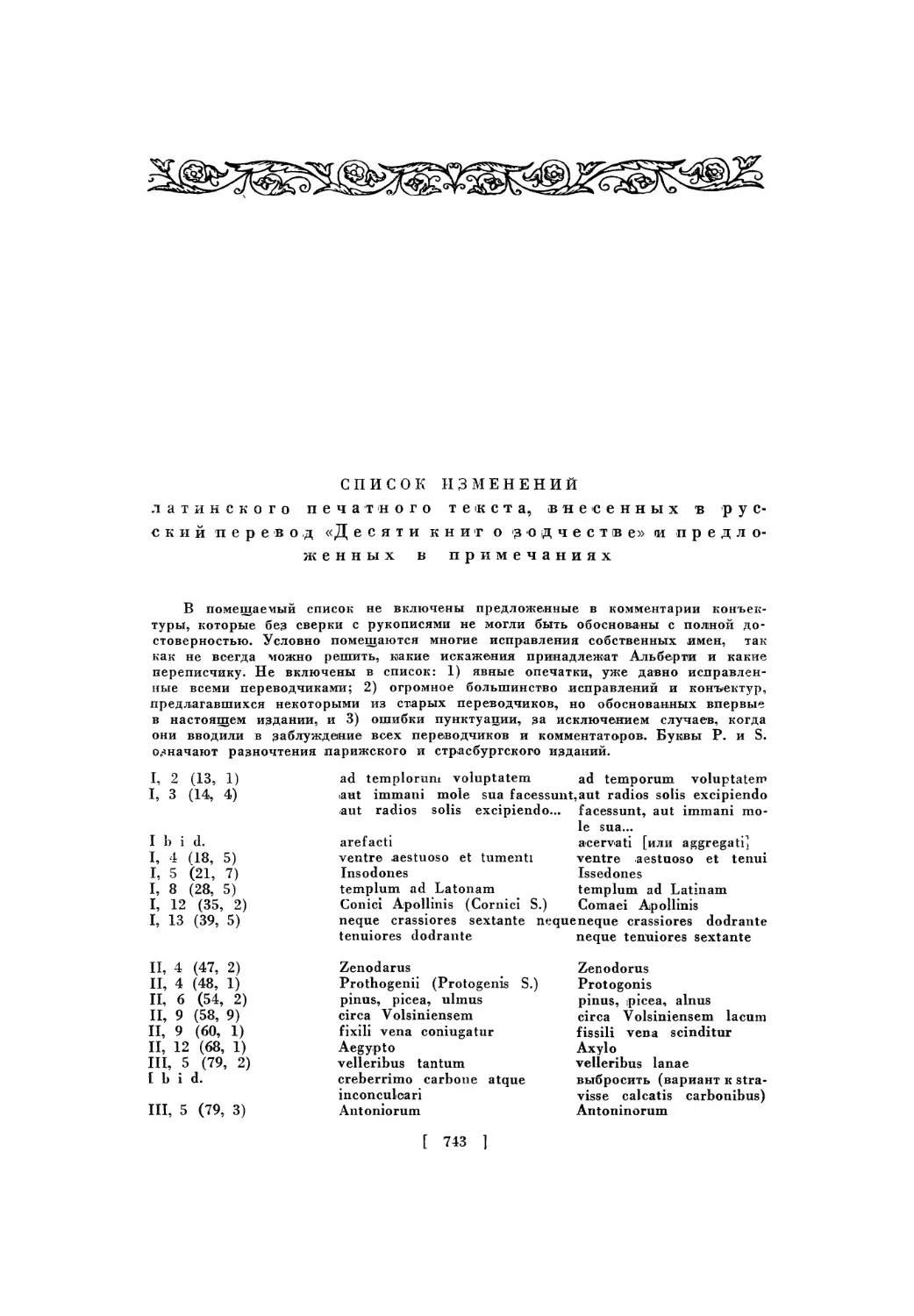 Список изменений латинского печатного текста, принятых в русском переводе «Десяти книг о зодчестве» и предложенных в примечаниях