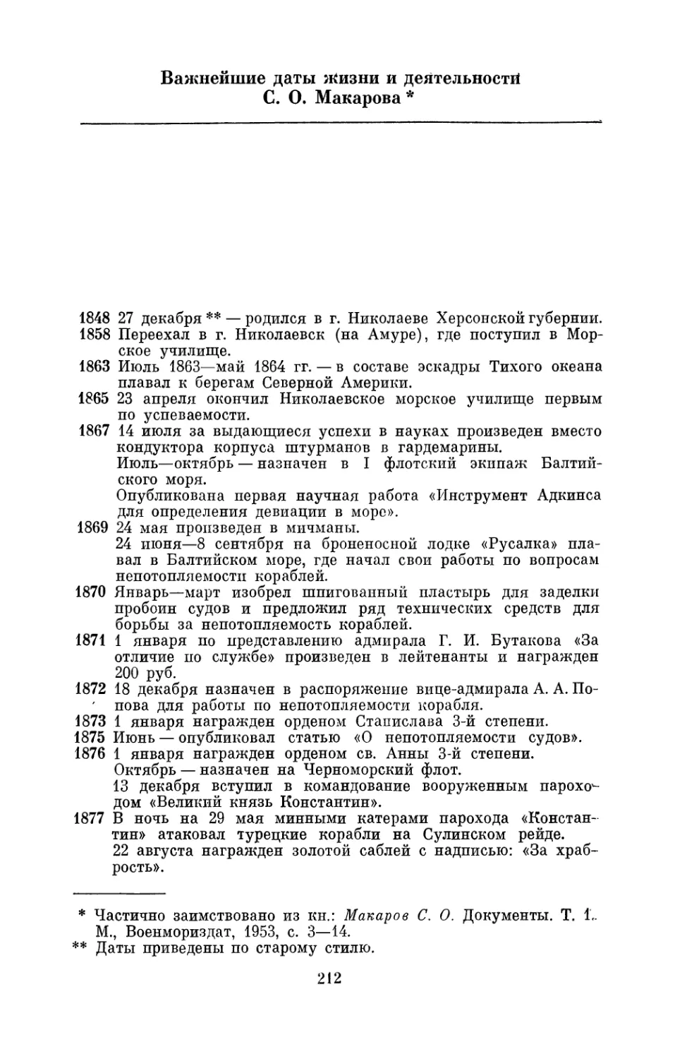 Важнейшие даты жизни и деятельности С. О. Макарова