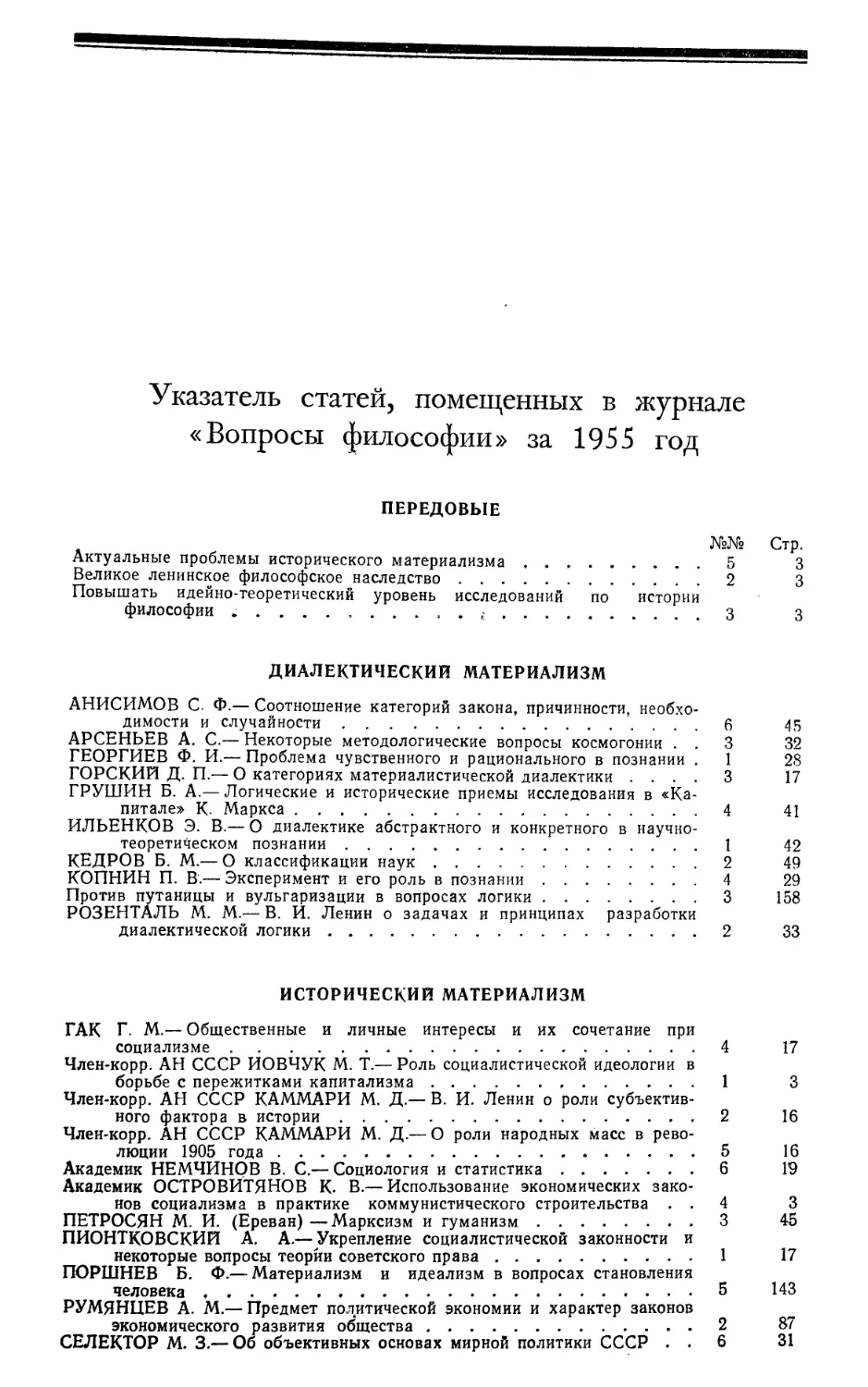 Указатель статей, помещенных в журнале «Вопросы философии» за 1955 год