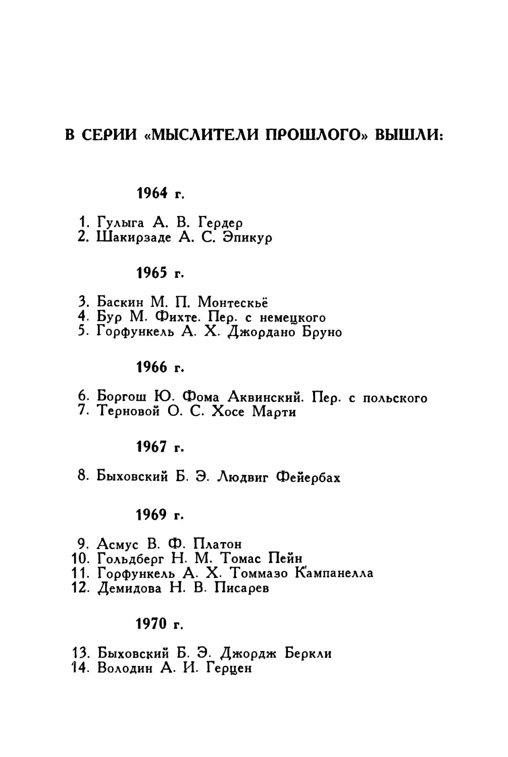 Серия «Мыслители прошлого». Список изданий 1964—1982 гг.