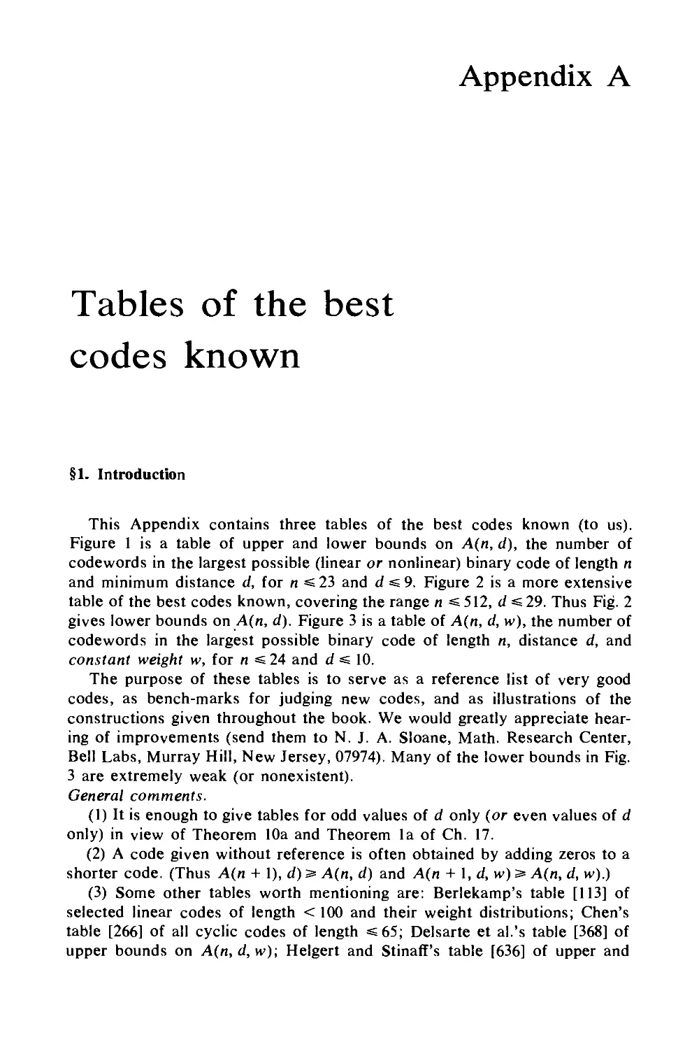 Appendix A - Tables of the bestcodes known