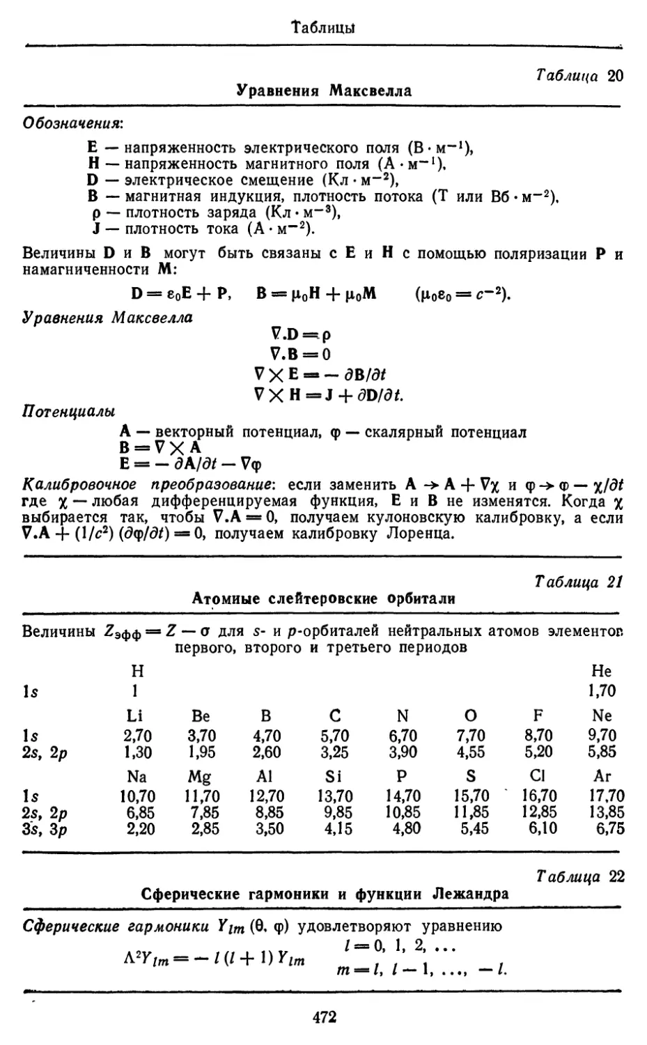 Уравнения Максвелла
Атомные слейтеровские орбитали
Сферические гармоники и функции Лежандра