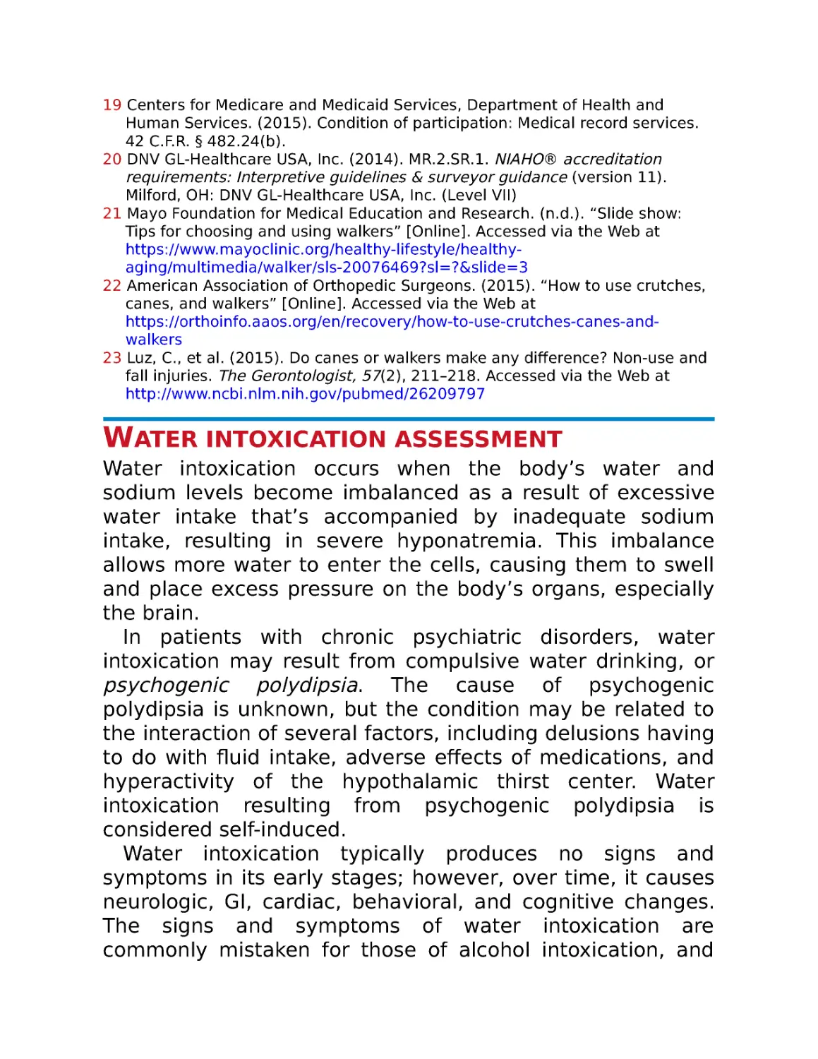 Water intoxication assessment