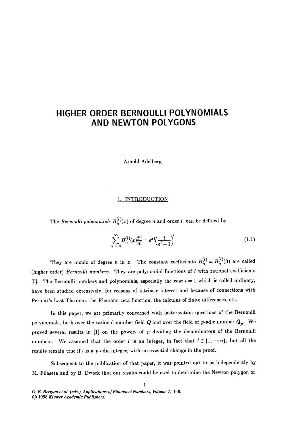 1. Higher Order Bernoulli Polynomials and Newton Polygons