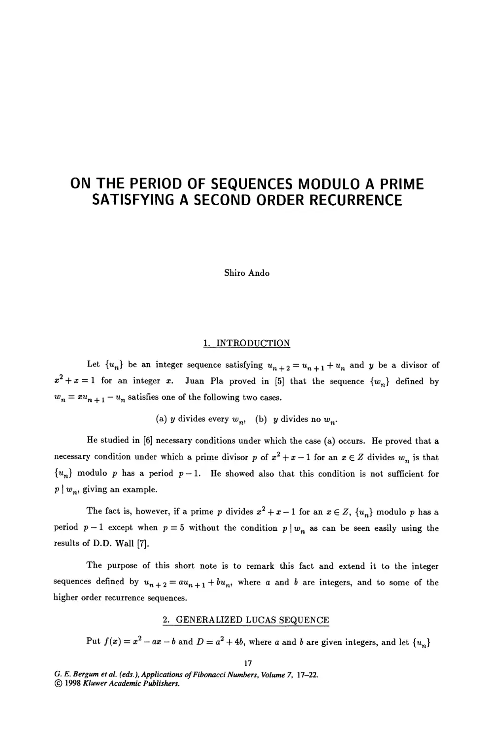 3. On The Period of Sequences Modulo a Prime Satisfying A Second order Recurrence