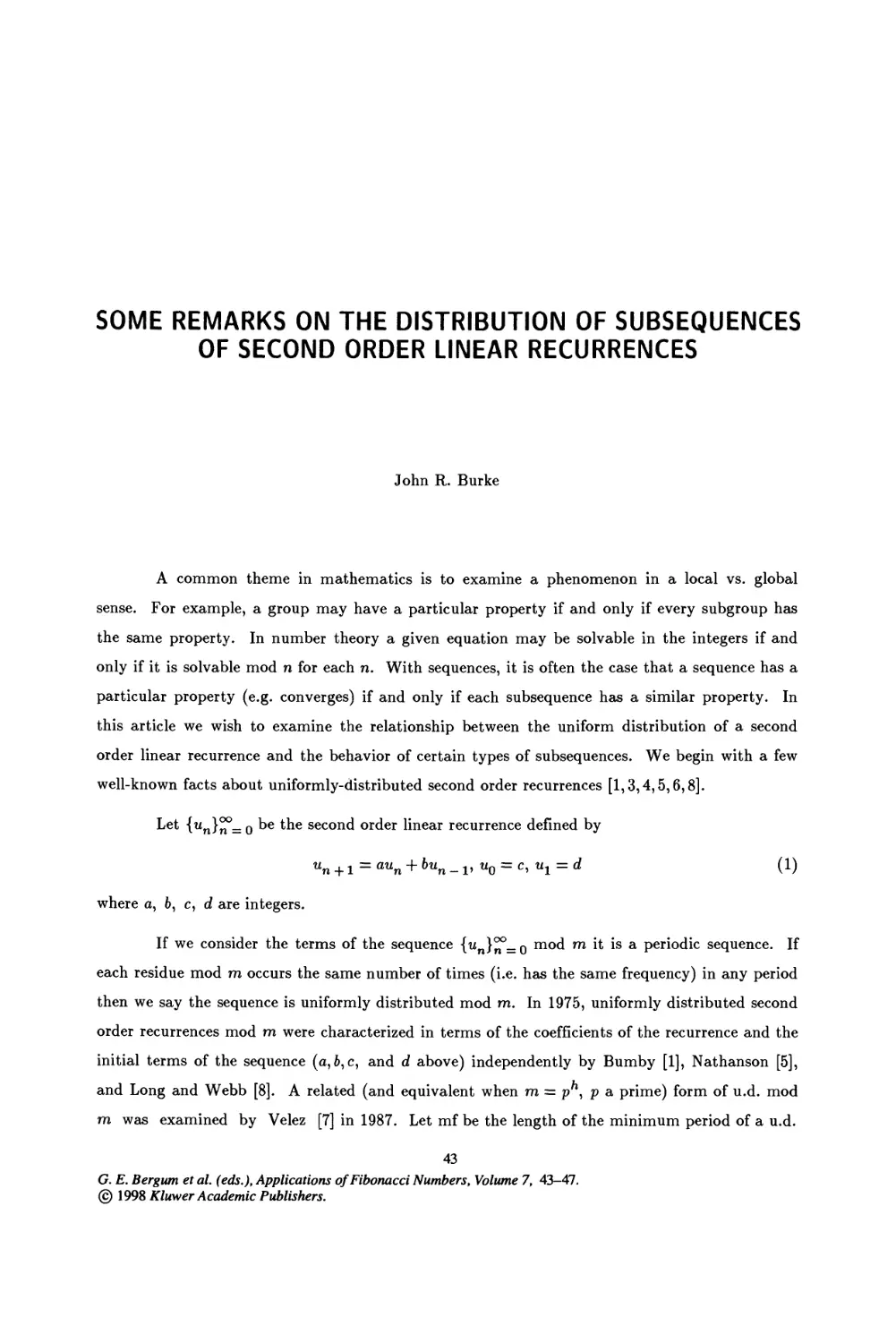 7. Some Remarks on The Distribution of Subsequences of Second Order Linear Recurrences