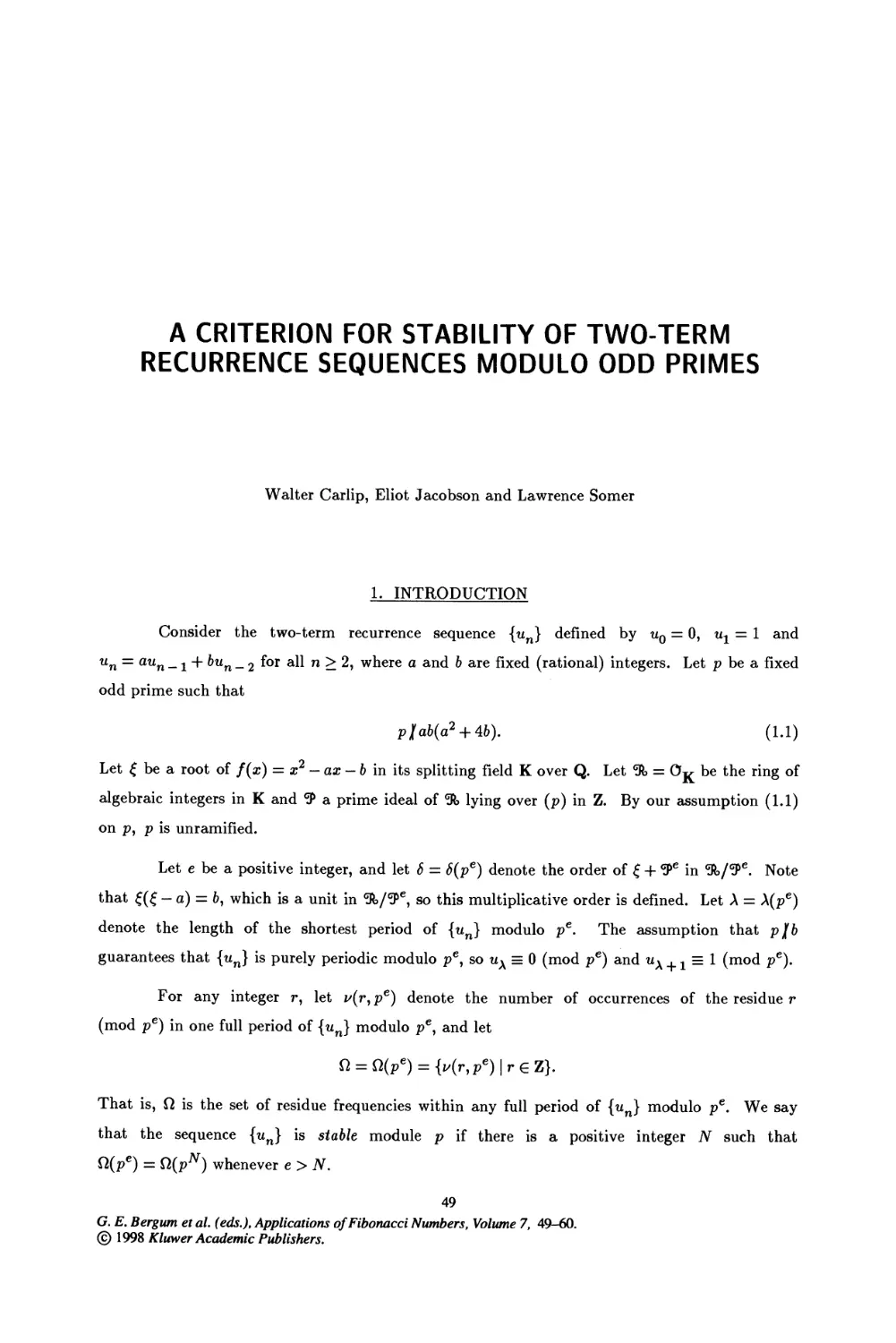 8. A Criterion For Stability of Two-Term Recurrence Sequences Modulo Odd Primes