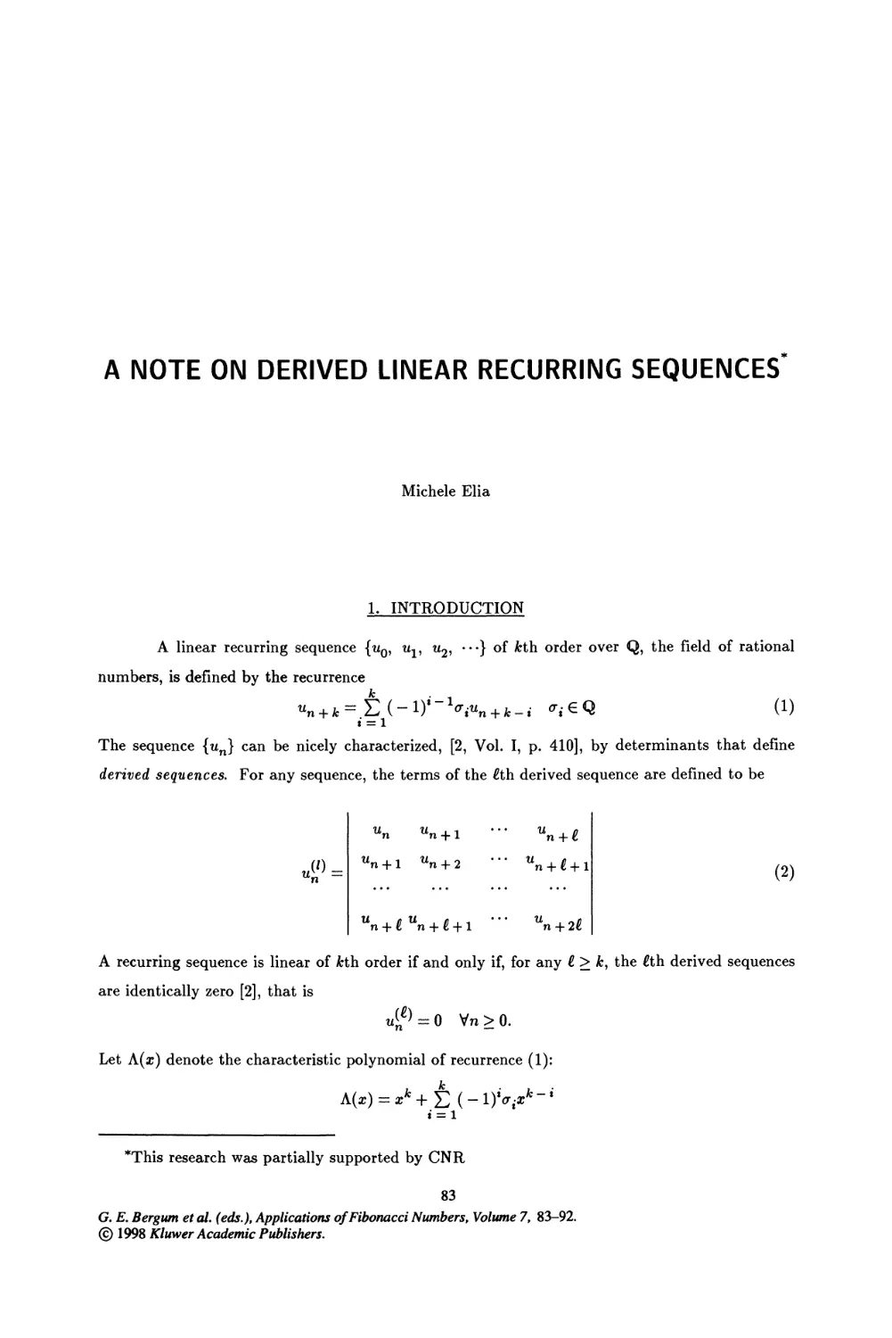12. A Note on Derived Linear Recurring Sequences*