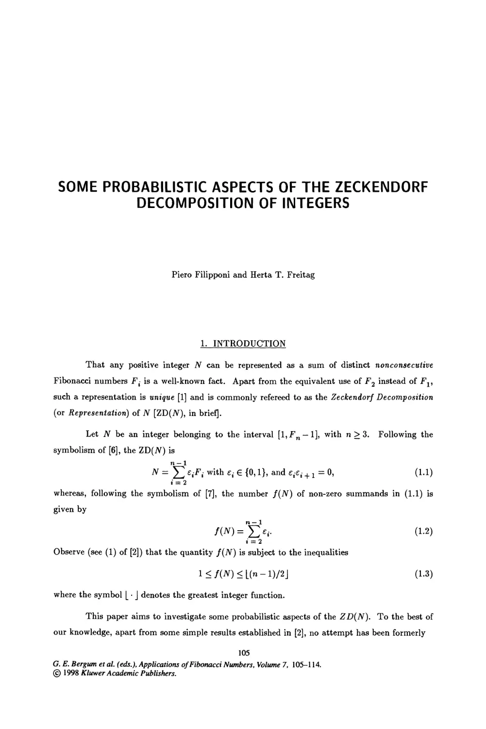 14. Some Probabilistic Aspects of the Zeckendorf Decomposition of Integers