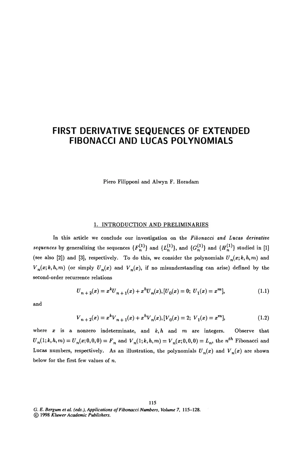 15. First Derivative Sequences of Extended Fibonacci and Lucas Polynomials