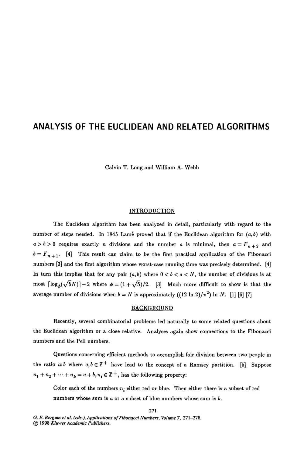 30. Analysis of the Euclidean and Related Algorithms