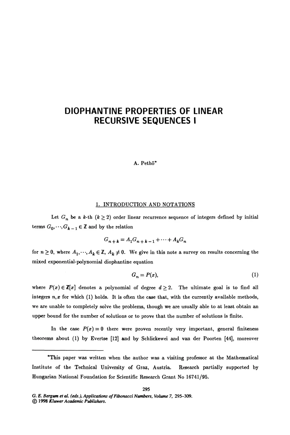 34. Diophantine Properties of Linear Recursive Sequences I