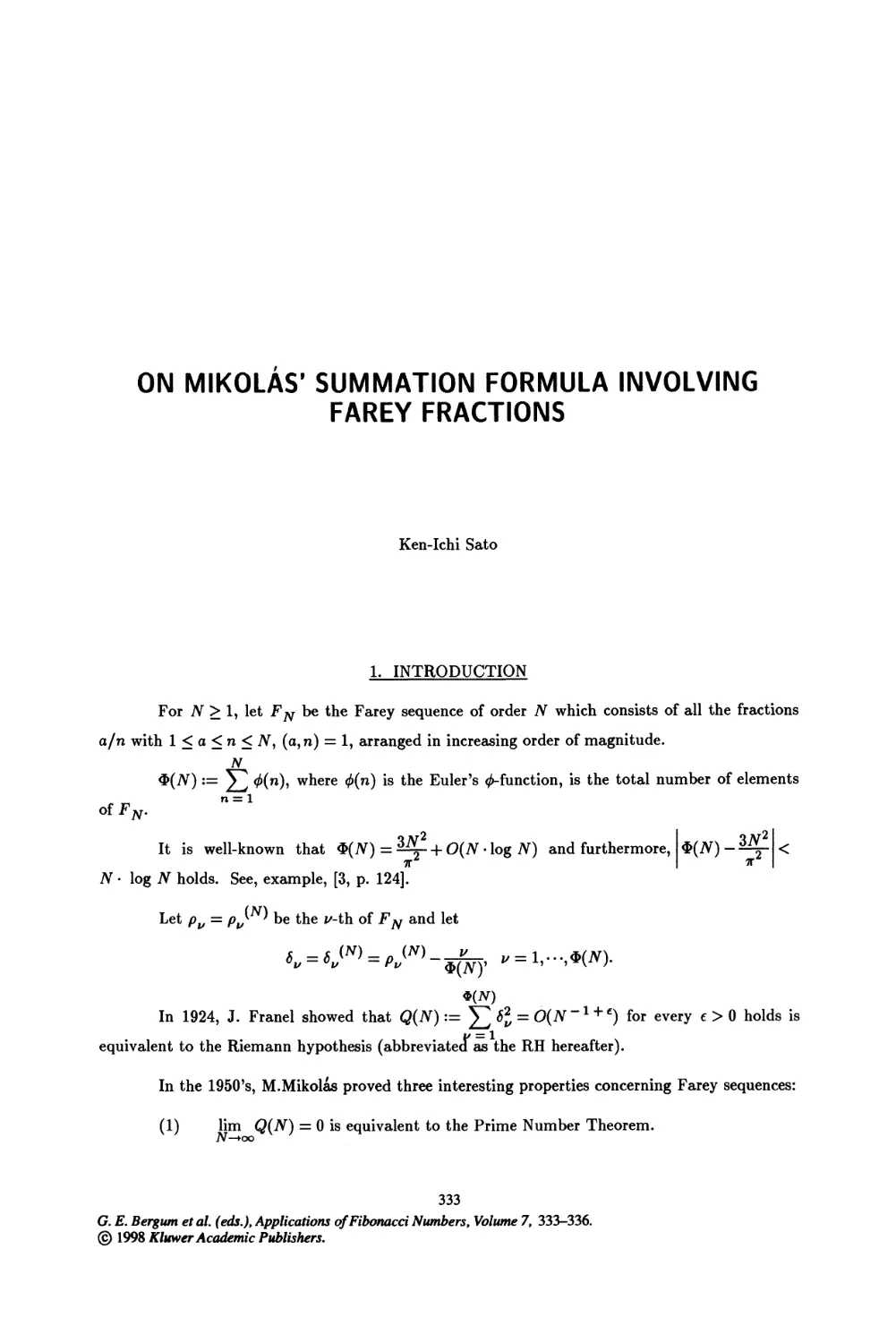 38. On MikolÃsâ Summation Formula Involving Farey Fractions