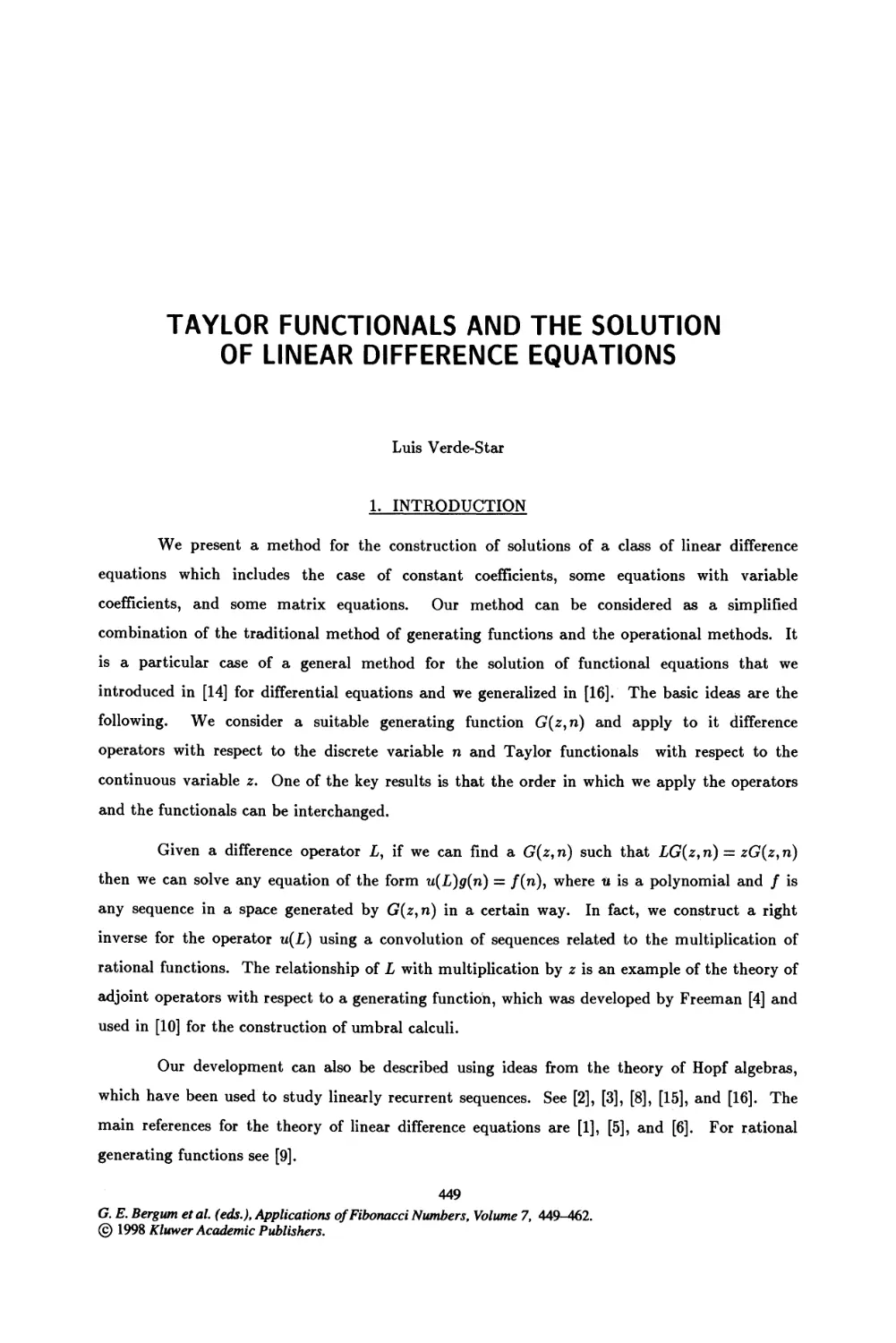 49. Taylor Functionals and the Solution of Linear Difference Equations