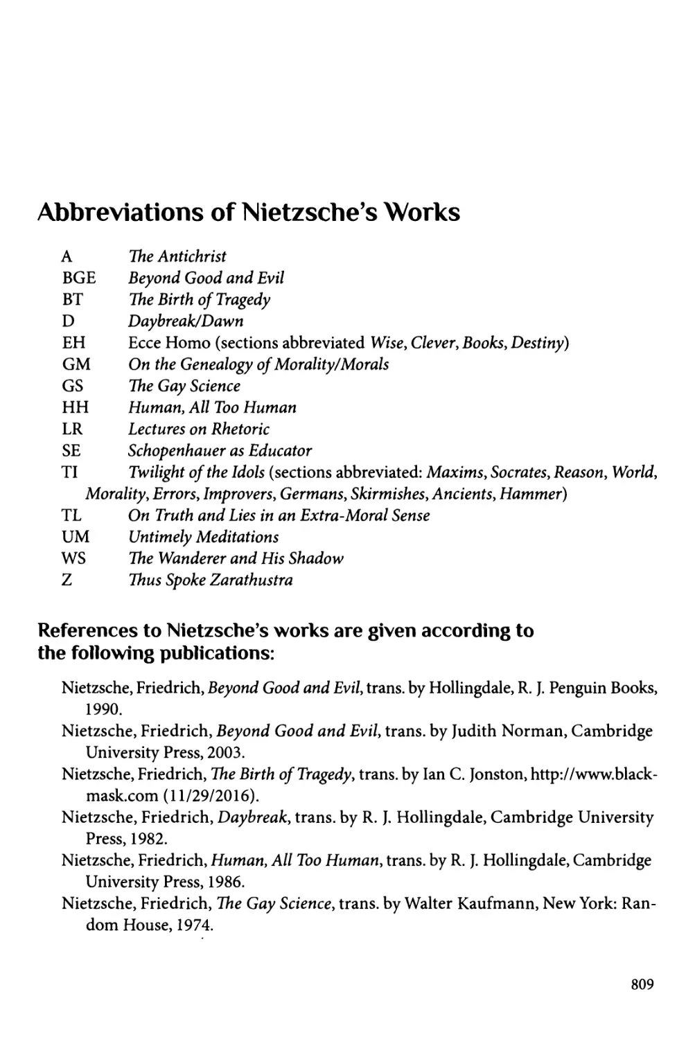 Abrreviations of Nietzsches Works