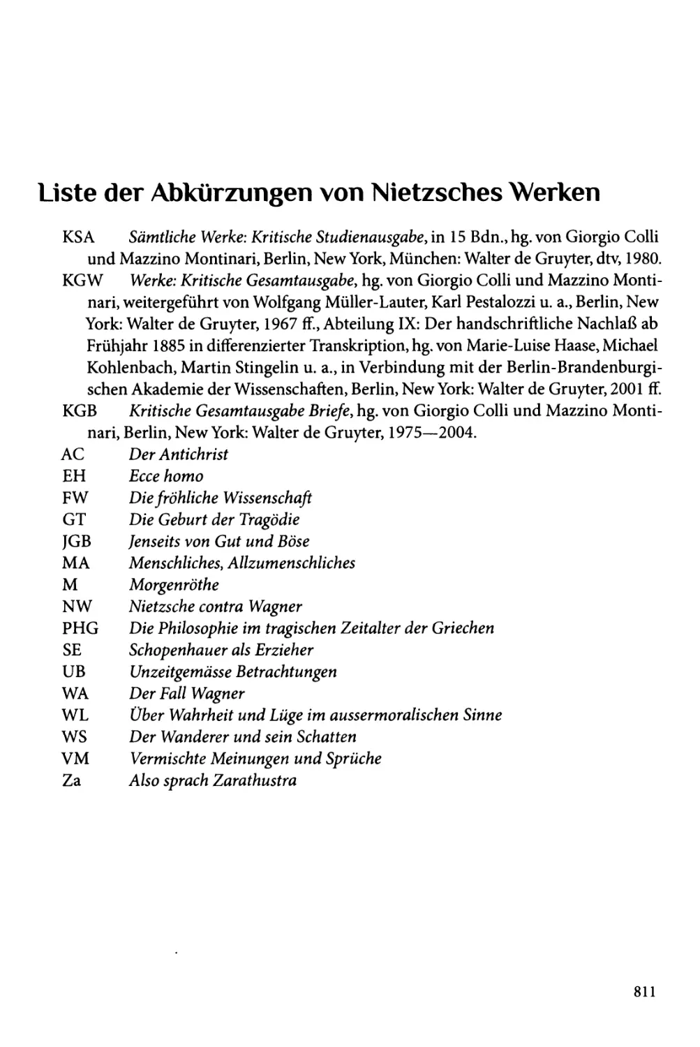 Liste der Abkürzungen von Nietzsches Werken