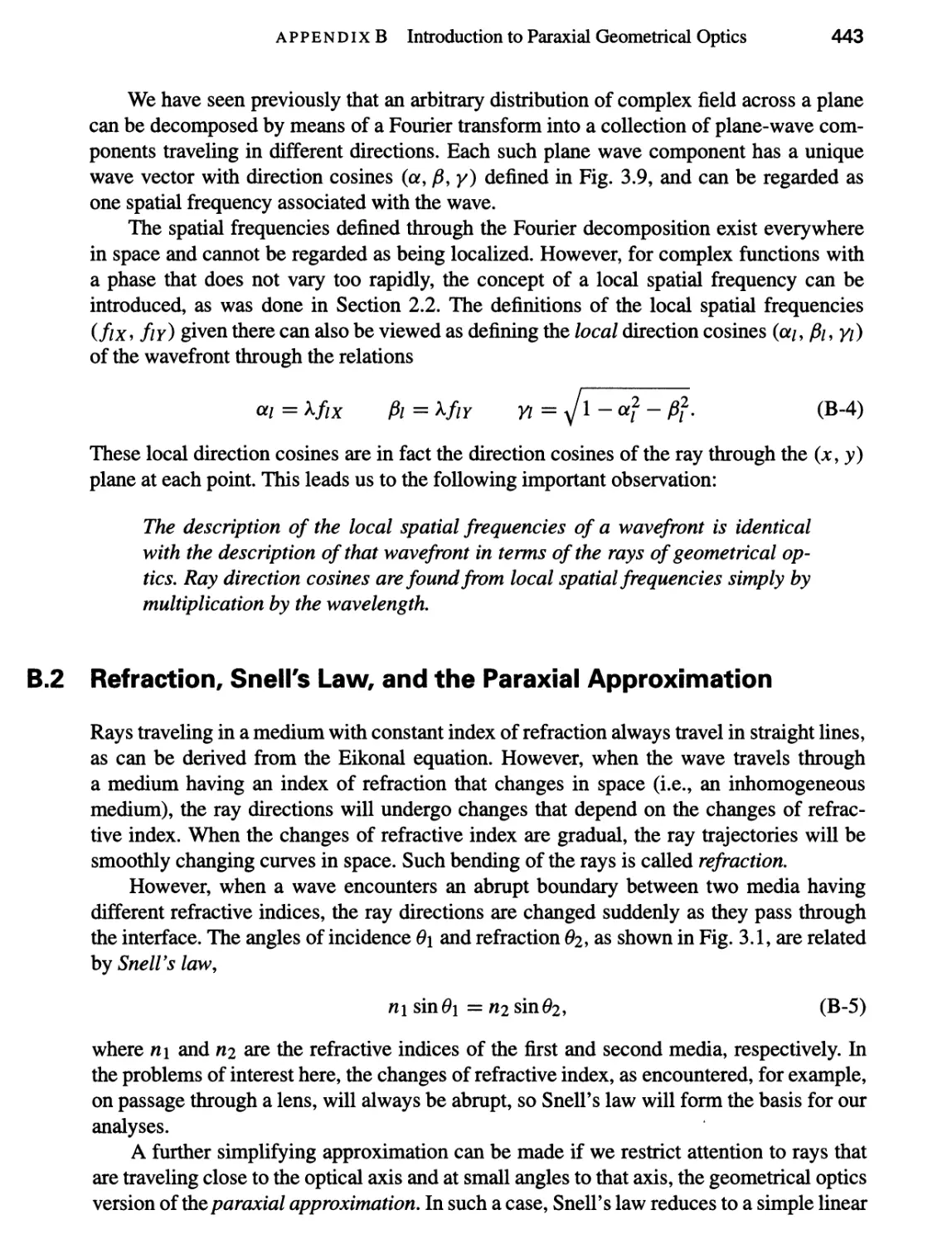 B.2 Refraction, Snell’s Law, and the Paraxial Approximation 443