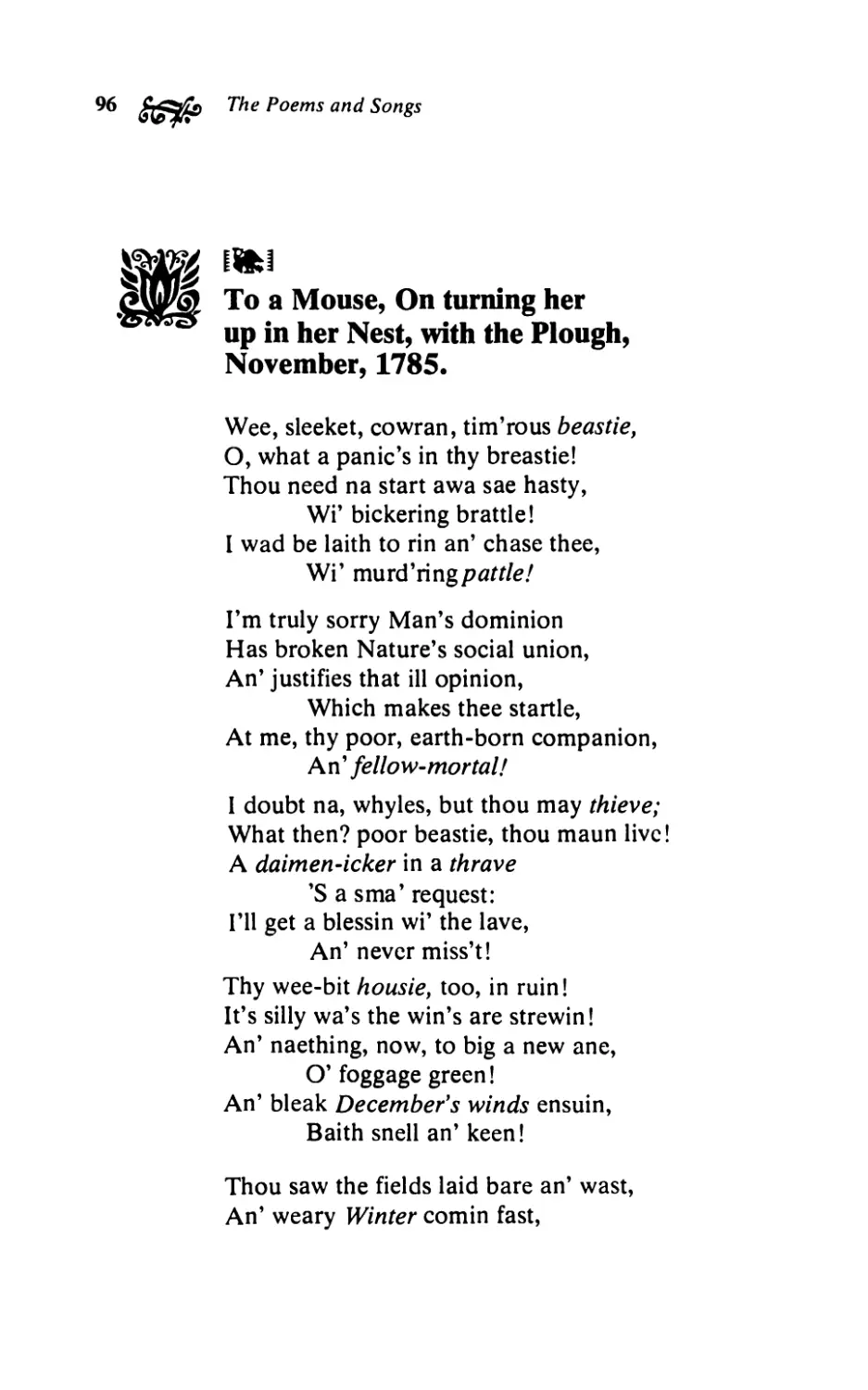 То a Mouse, On turning her up in her Nest, with the Plough, November, 1785
