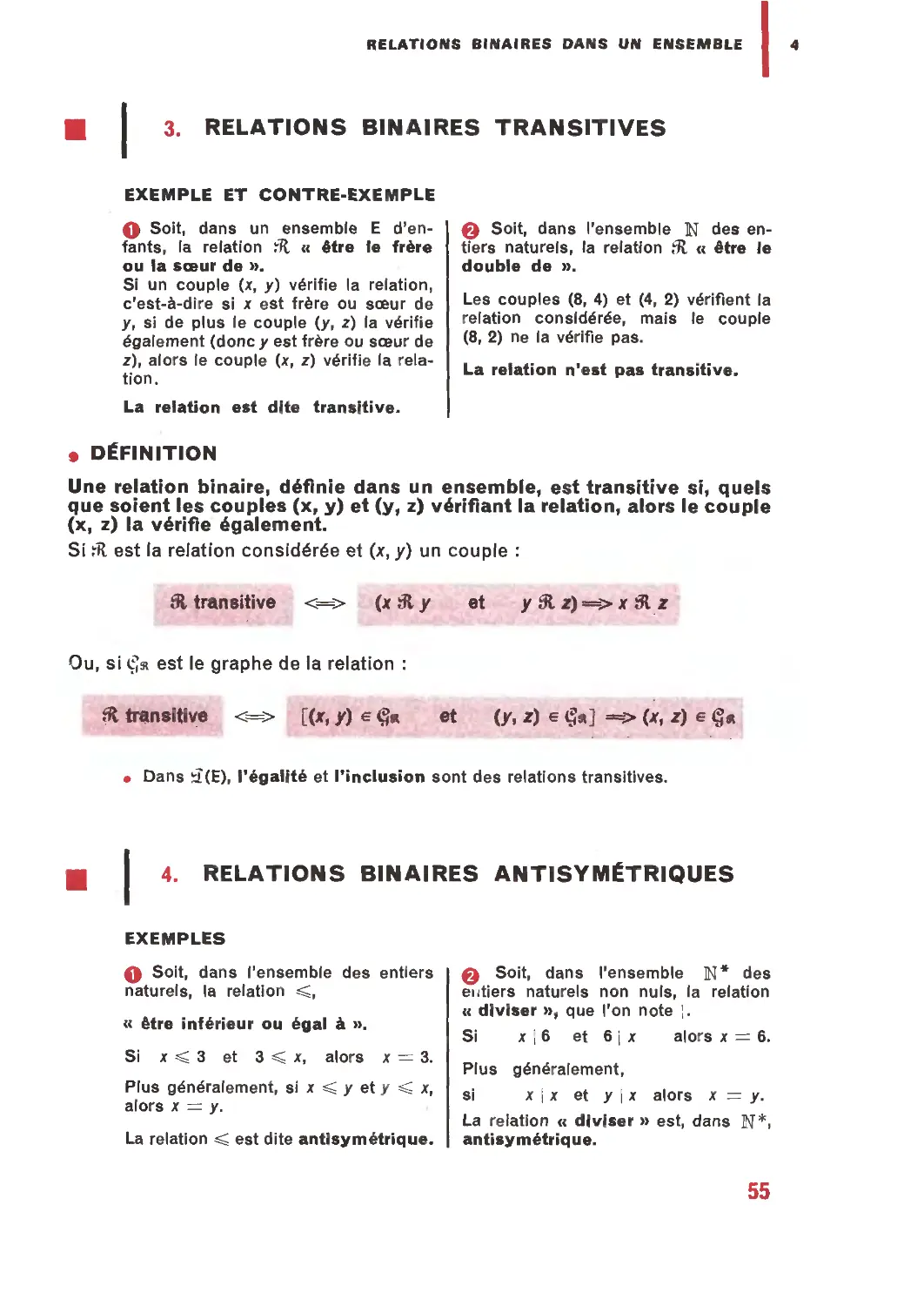 3. Relations binaires transitives
4. Relations binaires antisymétriques