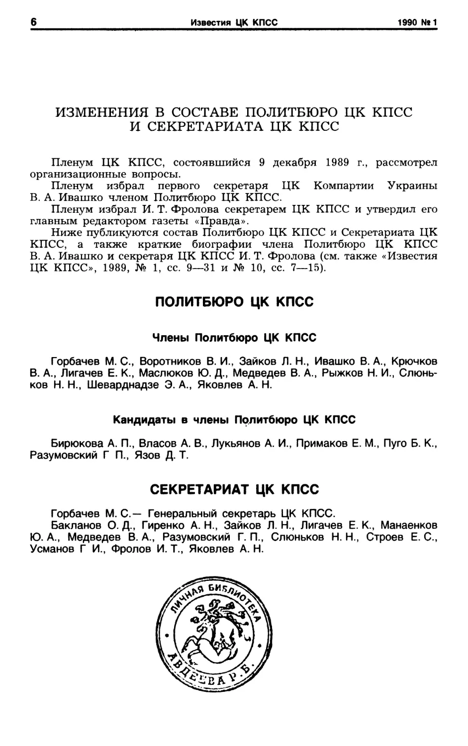 Изменения в составе Политбюро ЦК КПСС и Секретариата ЦК КПСС