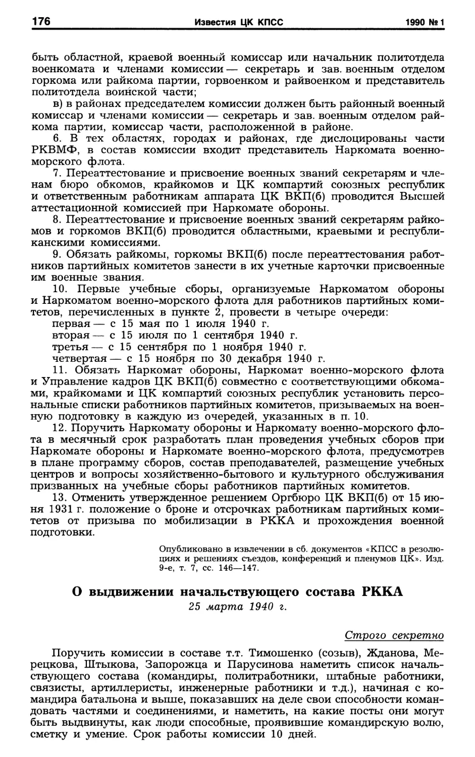 О выдвижении начальствующего состава РККА 25 марта 1940 г