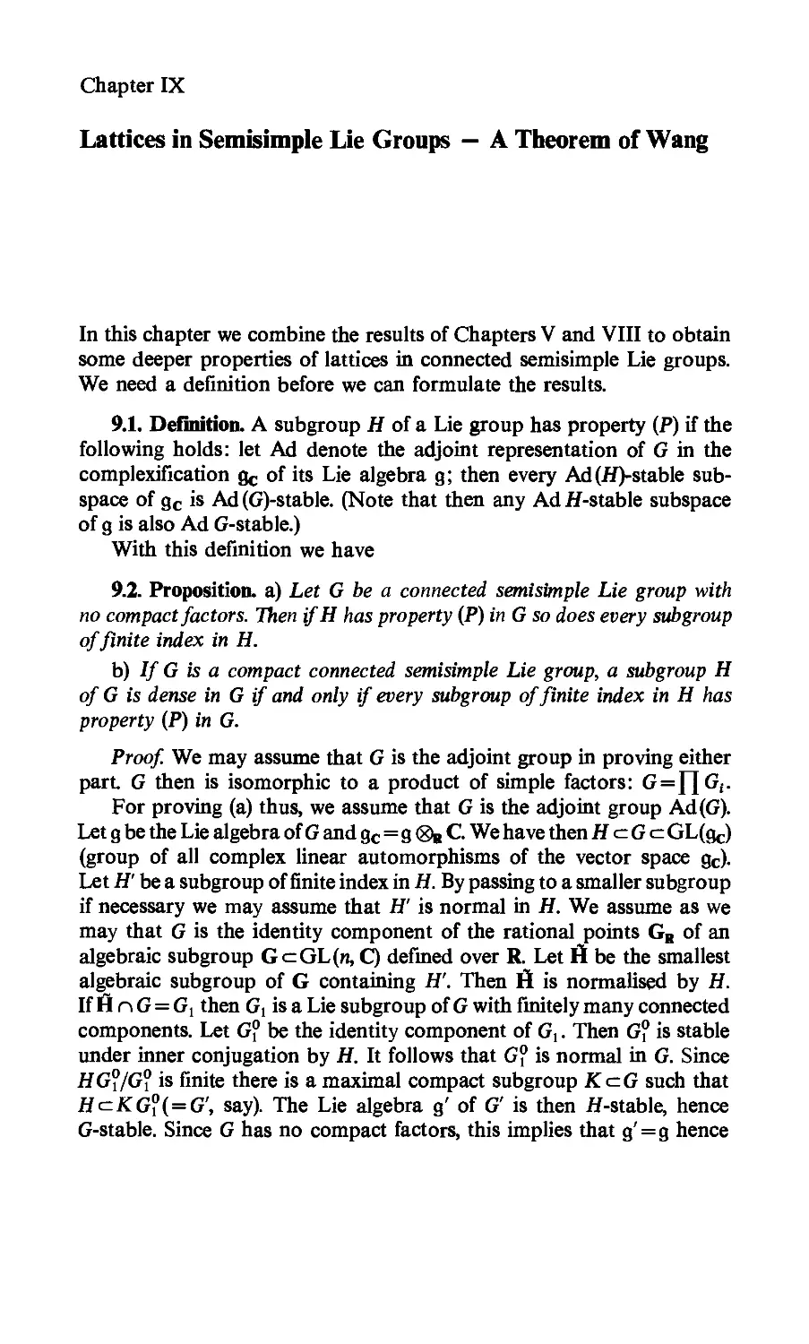 IX. Lattices in Semisimple Lie Groups - A Theorem of Wang