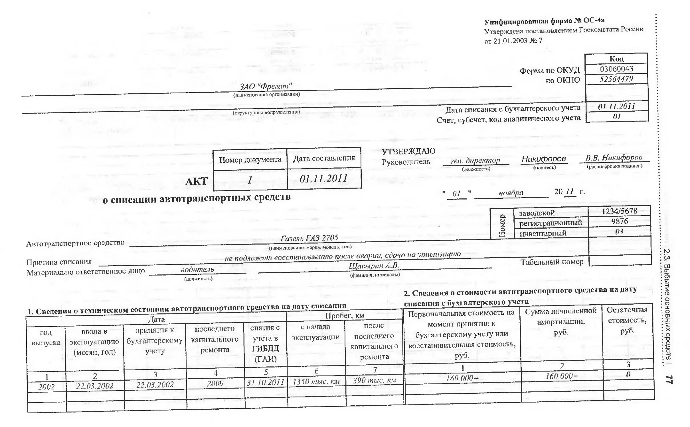 Форма ОС-3 акт на списание основных средств в Казахстане