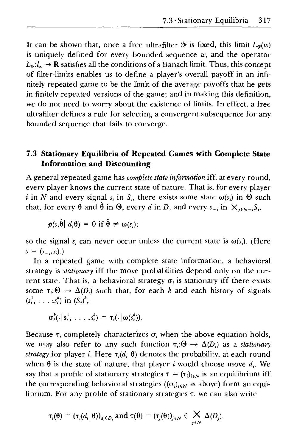 7.3 Stationary Equilibria of Repeated Gaines with Complete State Information and Discounting