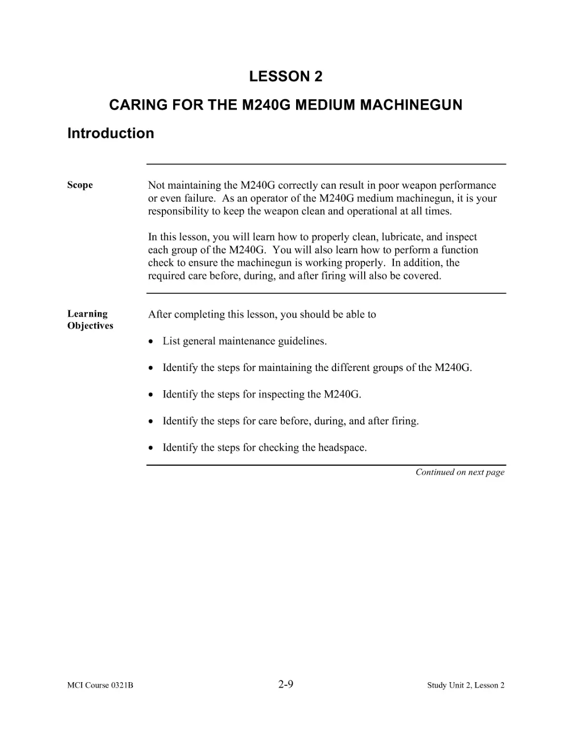 Lesson 2:  Caring for the M240G Medium Machinegun