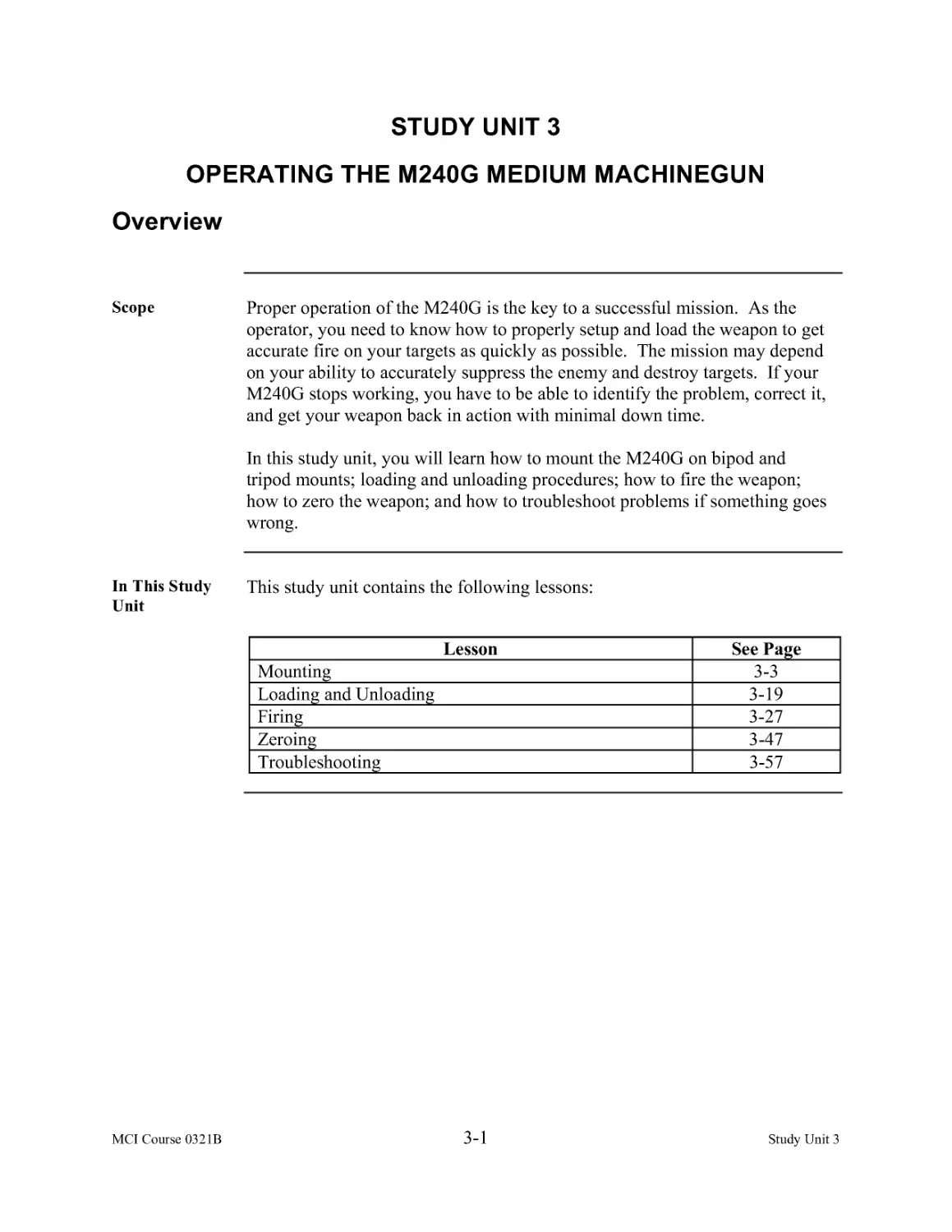 Study Unit 3:  Operating the M240G Medium Machinegun
