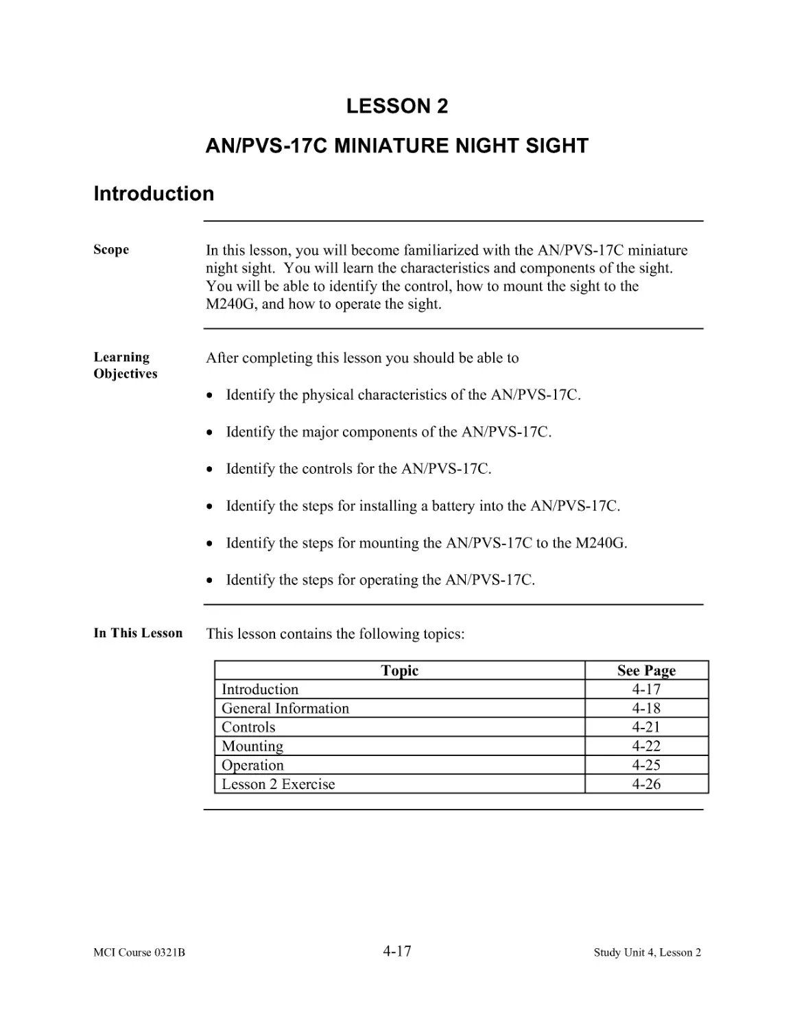 Lesson 2:  AN/PVS-17C Miniature Night Sight