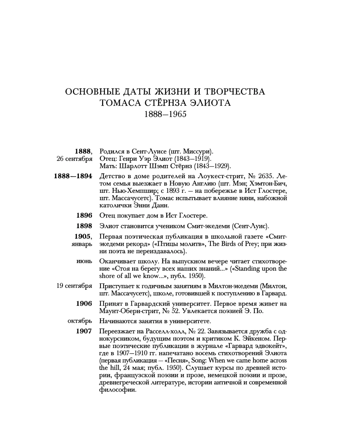 Основные даты жизни и творчества Томаса Стёрнза Элиота. 1888—1965