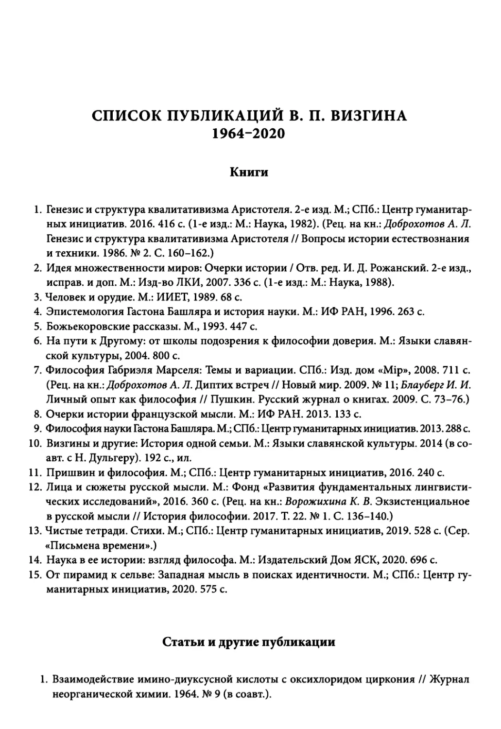 Список публикаций В. П. Визгина 1964-2020