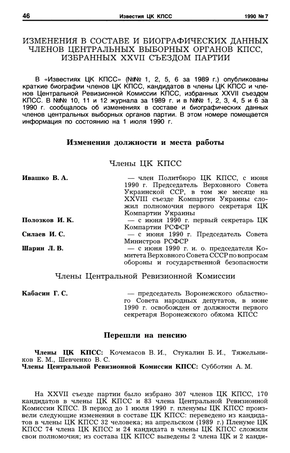 Изменениея в составе и биографических даннных членов центральных выборных органов КПСС