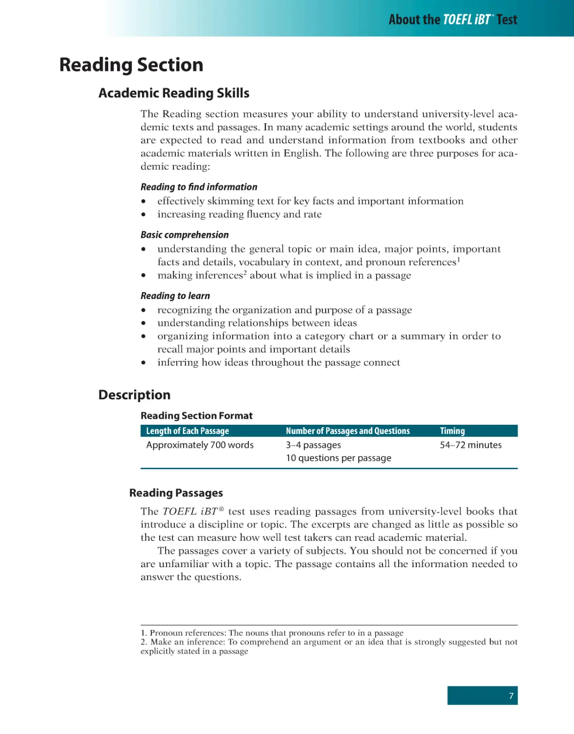 Reading Section
Basic comprehension
Reading to learn
Description
Reading Passages