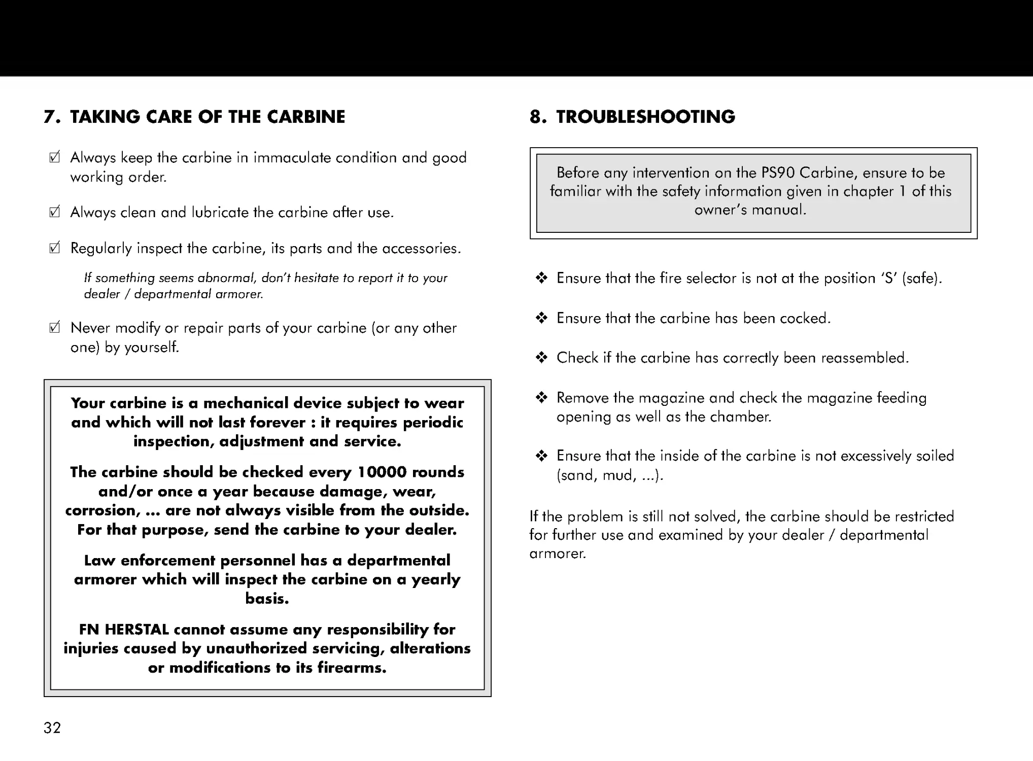 7. Taking care of the carbine
8. Troubleshooting