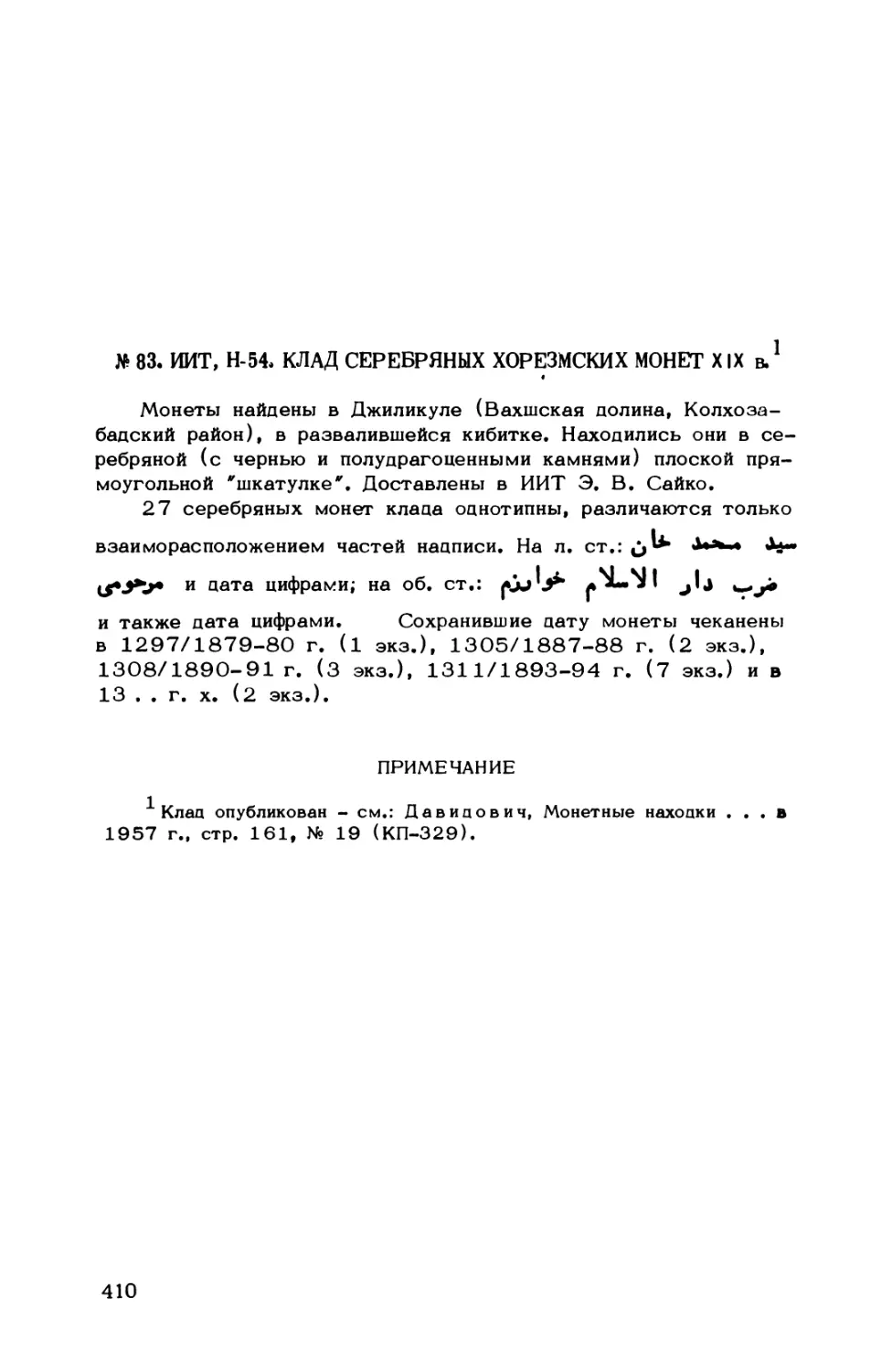 № 83. ИИТ, Н-54, Клад серебряных хорезмских монет XIX в