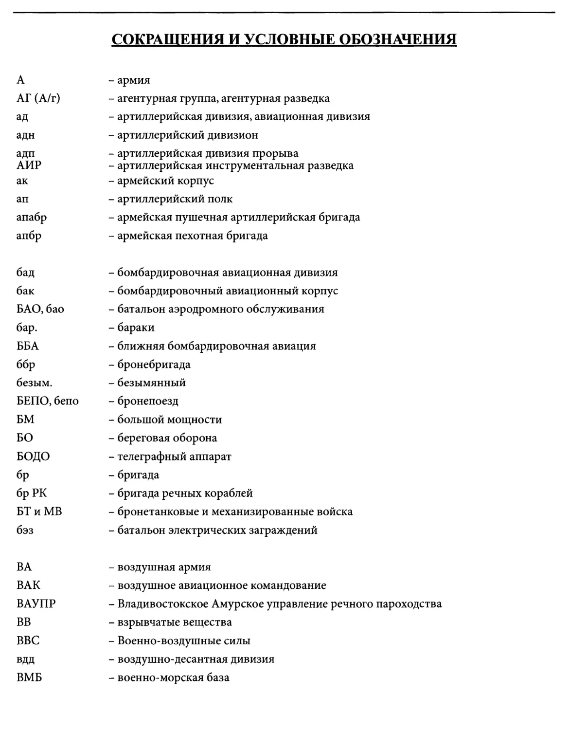 Сокращения и условные обозначения