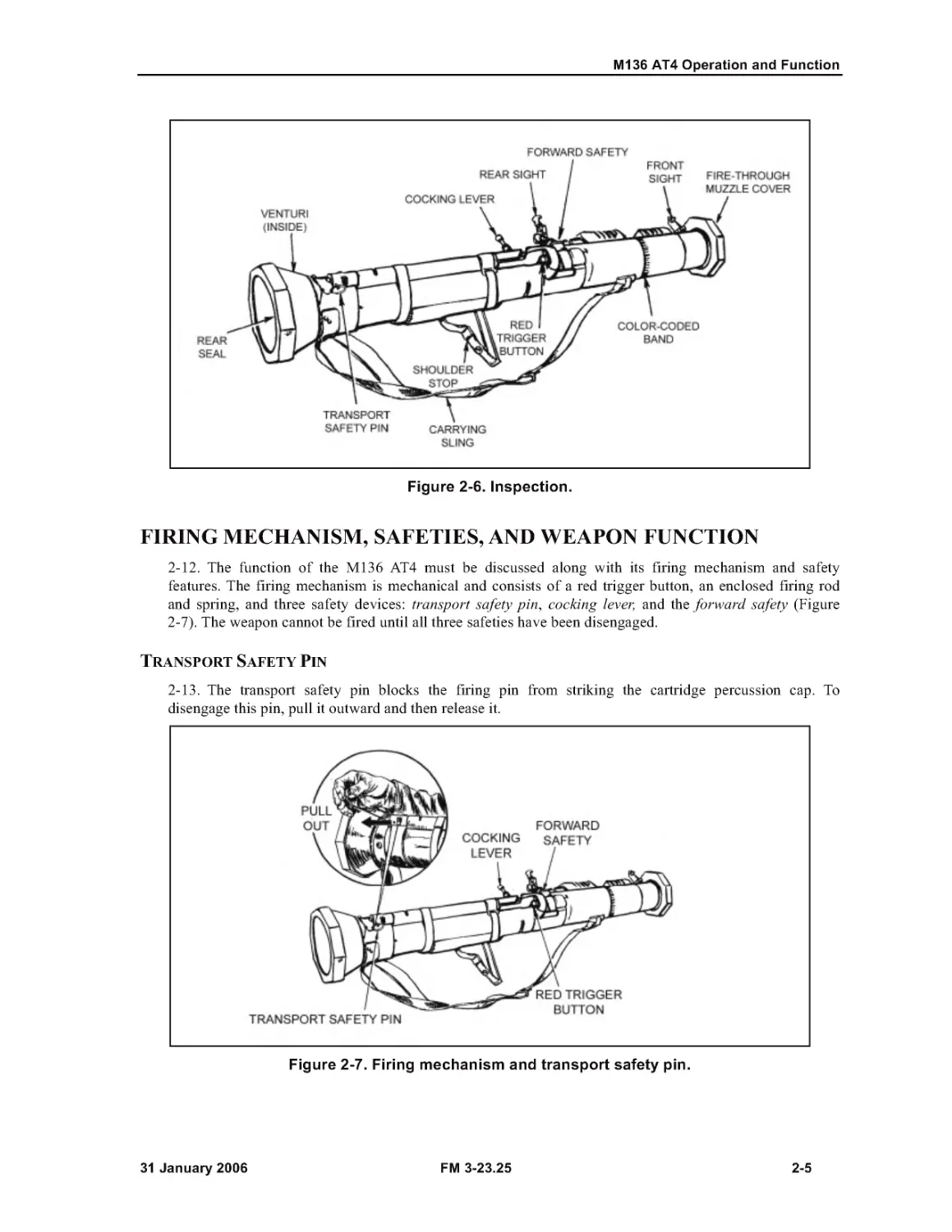 Figure 2-6. Inspection.
Figure 2-7. Firing mechanism and transport safety pin.
FIRING MECHANISM, SAFETIES, AND WEAPON FUNCTION