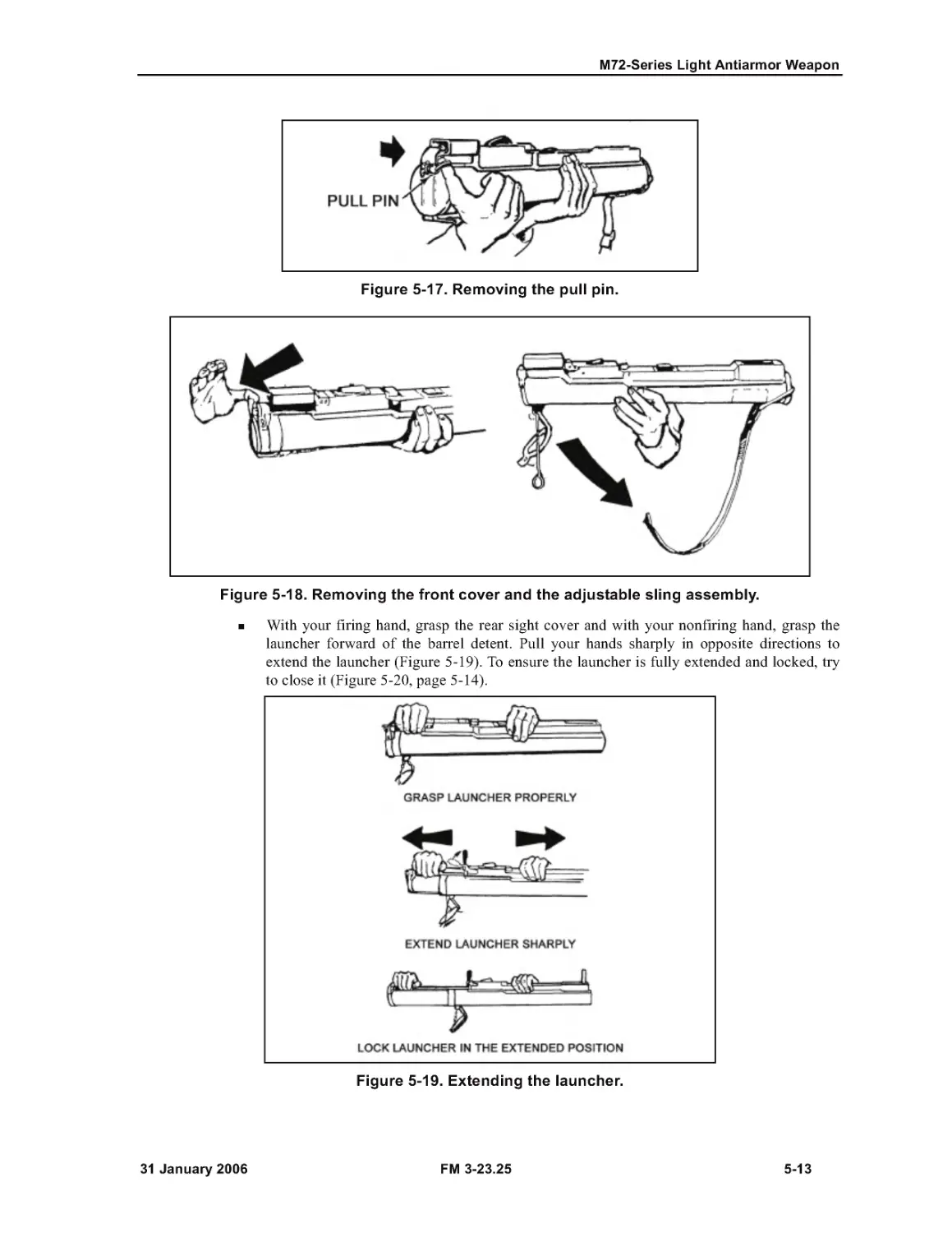 Figure 5-17. Removing the pull pin.
Figure 5-18. Removing the front cover and the adjustable sling assembly.
Figure 5-19. Extending the launcher.