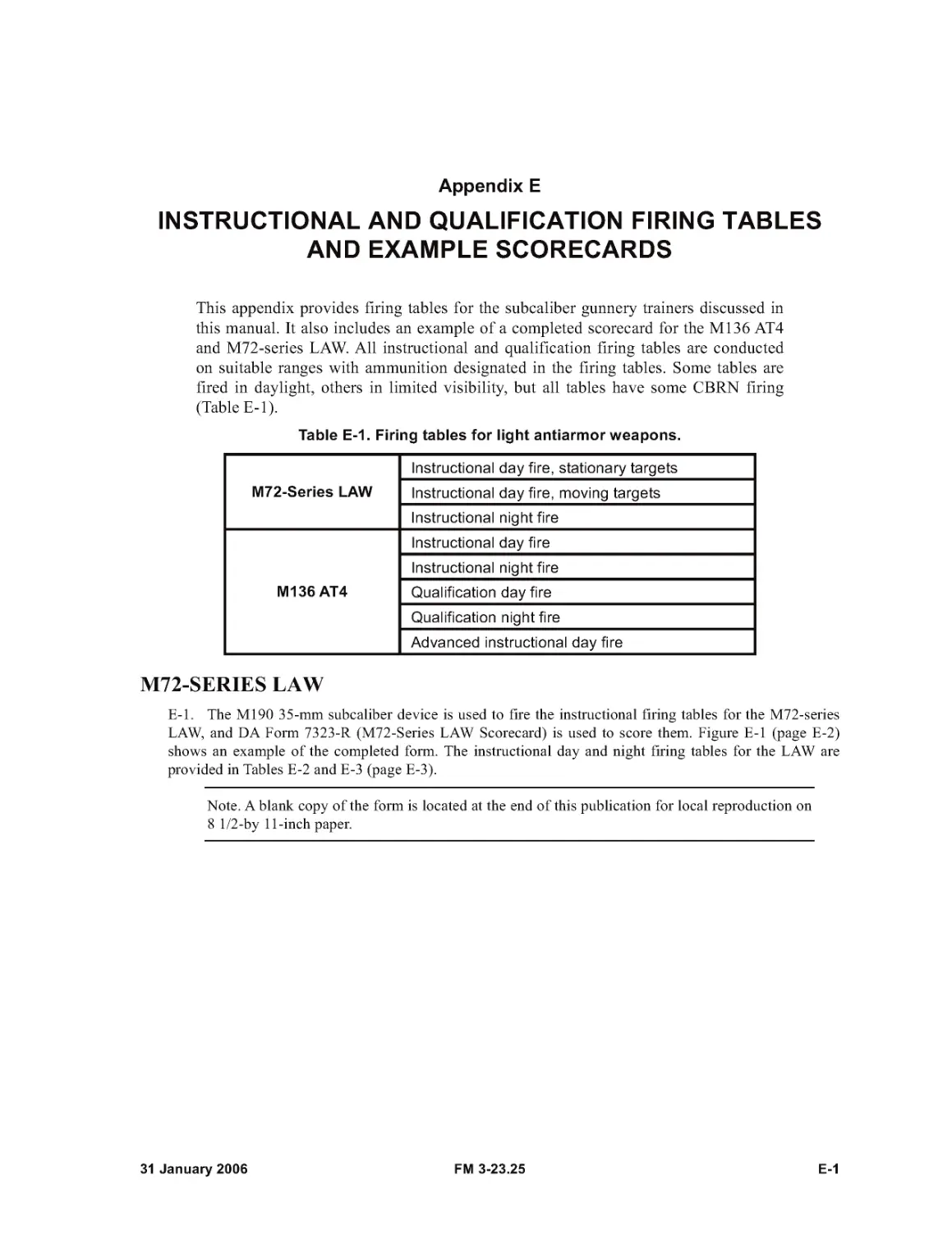 Table E-1. Firing tables for light antiarmor weapons.
Appendix E - INSTRUCTIONAL AND QUALIFICATION FIRING TABLESAND EXAMPLE SCORECARDS